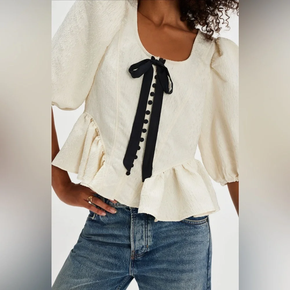 Free People Cream Textured Puff-Sleeve Peplum Blouse with Black Ribbon